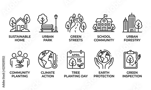 Urban greenery and sustainable city smart planning line icon set vector for community tree planting day campaign, earth climate action protection, eco friendly school, and environment inspection.