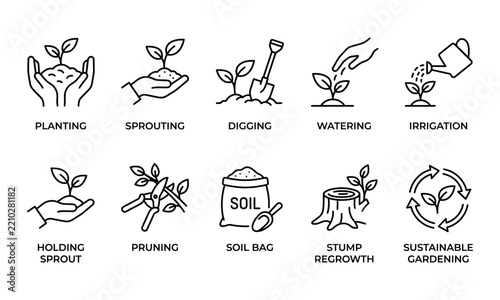 Sustainable gardening and agriculture plant care line icon set vector for eco friendly farming presentation, soil irrigation, tree pruning, digging, watering sprout, and environmental green growth.
