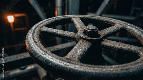 Macro close up of an industrial valve wheel with water droplets
