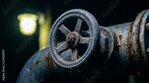 Weathered steel valve handwheel beaded with condensation droplets