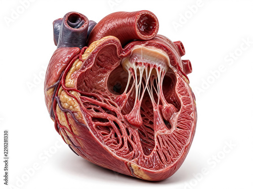 Human heart sectional anatomical model showing atria ventricles tricuspid valve chordae tendineae isolated on white background.