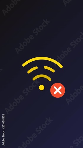 Minimalist Animated Wi-Fi Symbol in Yellow with a Red Cross Error Indicator on a Dark Background Representing a Lost or Blocked Internet Connection. Showing Dynamic Visuals with No Wi-fi Signal, Disco