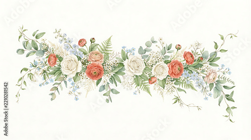 Watercolor floral header featuring orange ranunculus, white roses, blue hydrangea, and green eucalyptus leaves, arranged in a wide horizontal garland shape on a white background, for invitations
