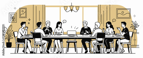 Illustration of a long dining table with people seated together and one empty chair, suggesting inclusion, belonging, and a welcoming gathering.