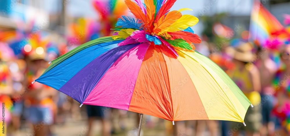 Obraz premium A vibrant carnival umbrella adorned with feathers stands out amid a lively street festival and joyful crowd celebrating Brazilian culture.