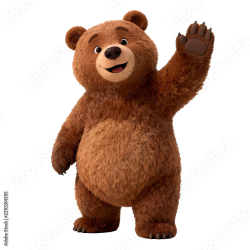 [Transparent Background PNG]Cartoon brown bear character waving friendly with a smile