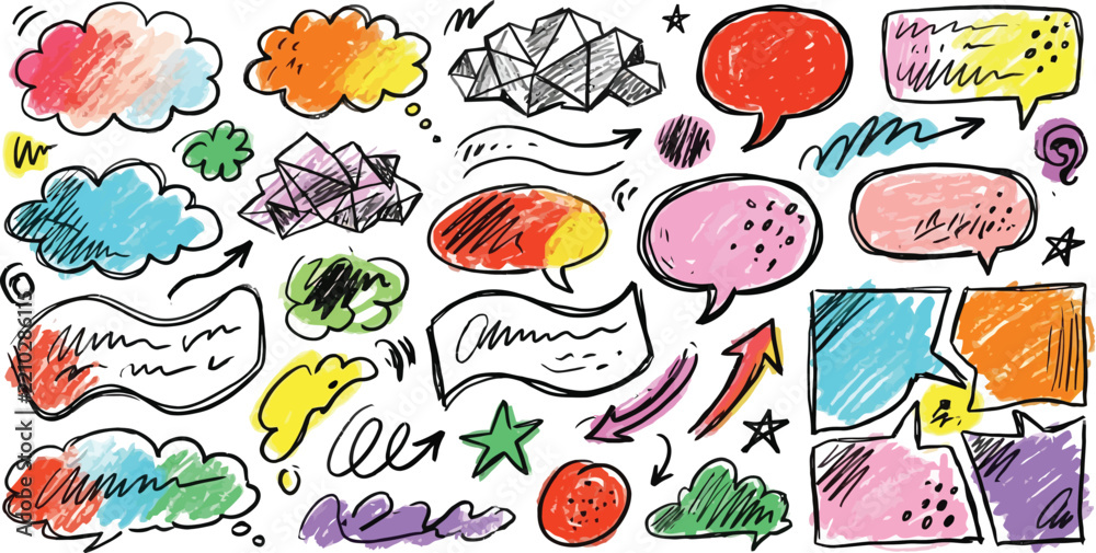 Fototapeta premium Set of colorful hand sketched speech bubbles and abstract design elements with text box scribble dialogue colorful graphics collection infographic abstract background artistic illustration