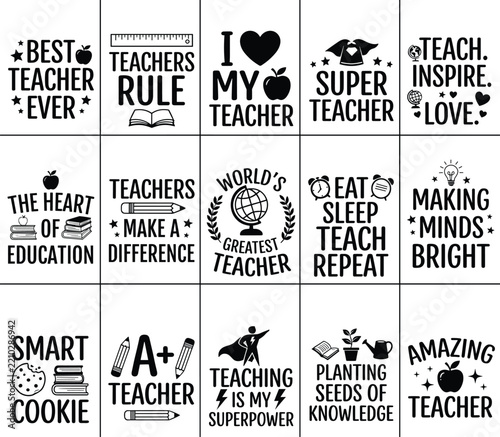 Collection of teacher appreciation quotes and phrases isolated on transparent background