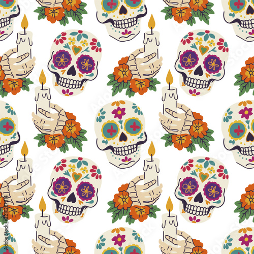 Colorful Mexican Day of the Dead vector seamless pattern with sugar skulls and marigold.