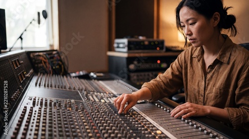 Sound engineer adjusting audio fader on analog mixing console in recording studio. Asian music producer balancing track levels during acoustic sound editing session.