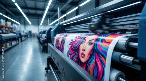 Industrial printing machine in a factory creating a vinyl graphic on a paper roll.