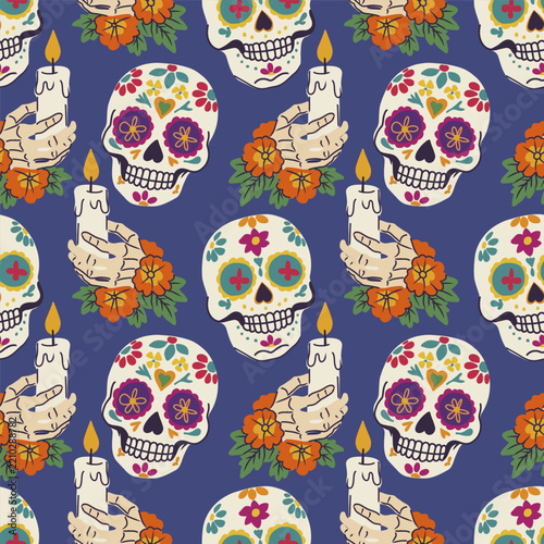 Colorful Mexican Day of the Dead vector seamless pattern with sugar skulls and marigold.