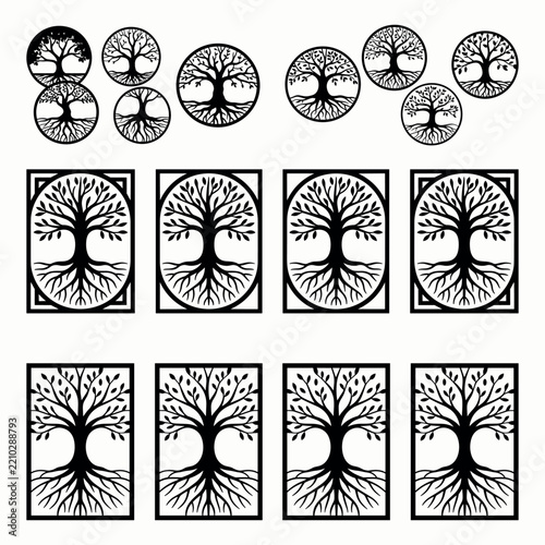 Tree of life silhouettes with varying frame styles a black vector illustration arbor botanical branch