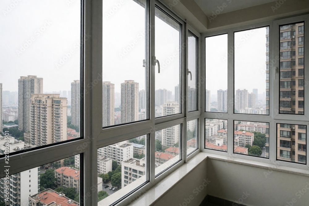 Fototapeta premium Modern apartment balcony with large white windows, city view. High rise residential buildings under cloudy sky. Empty terrace offers wide urban panorama from top floor. Real estate concept for luxury