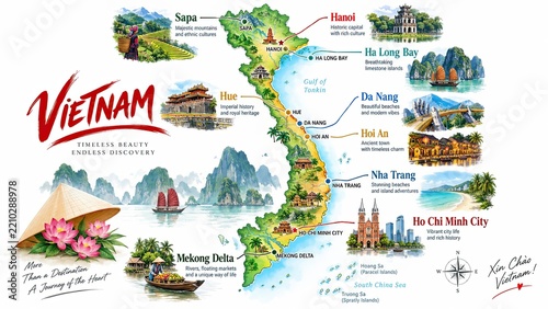 Vietnam travel illustration map featuring scenic destinations, landmarks, traditional culture, and coastal landscapes.