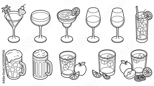 Line art cocktail and drink glass collection for menu design coloring page.