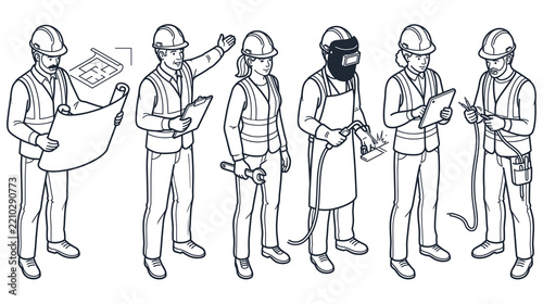 Isometric worker set black and white outline drawing vector illustration concepts.