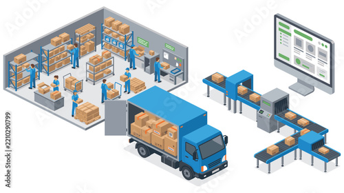 Isometric warehouse logistics and delivery process scene with people workers vector.