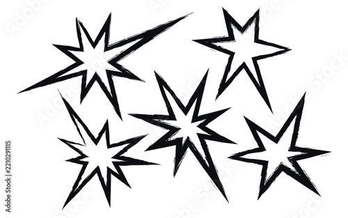 Hand drawn starburst outline set, vector doodle spark and explosion icons isolated on white background