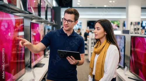 Young lady exploring latest television innovations with a professional expert in an elegant department store.