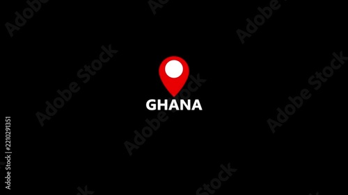 Minimal location pin animation highlighting Ghana on white background, simple map marker motion for navigation and destination reference