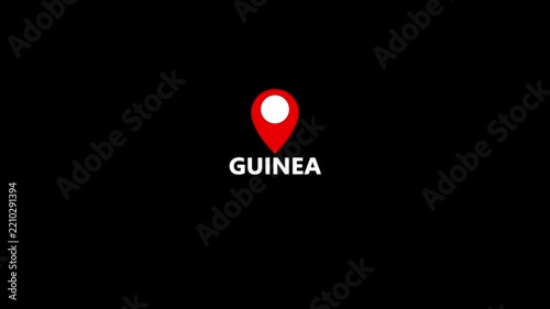 Guinea map location pin animation. Guinea country name text down location pin pointer icon black background 4K video.