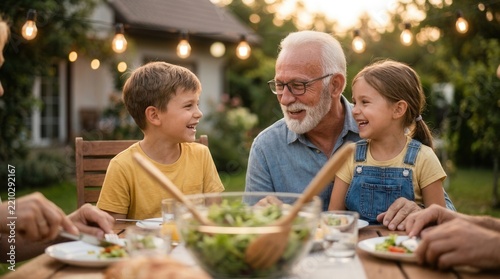 A joyful grandfather sitting with his grandkids during an outdoor dinner with food and drinks.