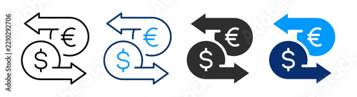 Money transfer icons representing dollar and euro transactions, currency conversion, and international payments. Vector illustration with editable stroke line icons and solid glyph versions