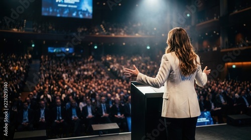 A professional public speaker sharing leadership insights and knowledge with guests in a large room.