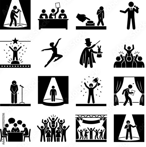 Set of black and white performance icons showing people on stage singing dancing winning awards and giving speeches