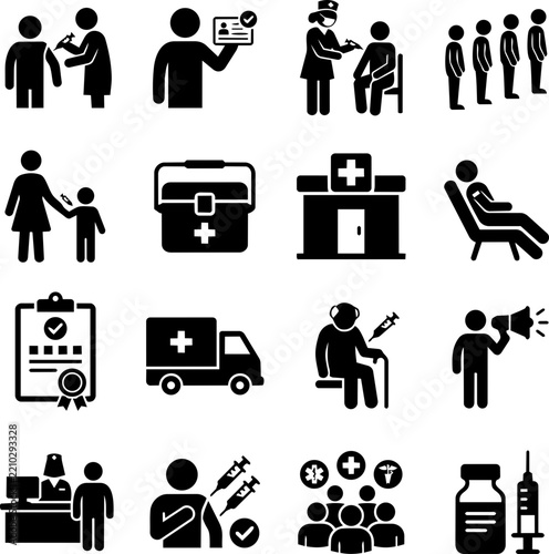 Set of medical and vaccination icons showing healthcare workers patients and hospital equipment in a simple black style