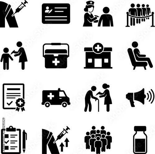 Set of black medical icons representing vaccination process health care hospital services and immunization clinic procedures