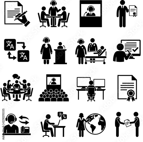 Set of black business and professional office work icons representing meetings communication technology and management