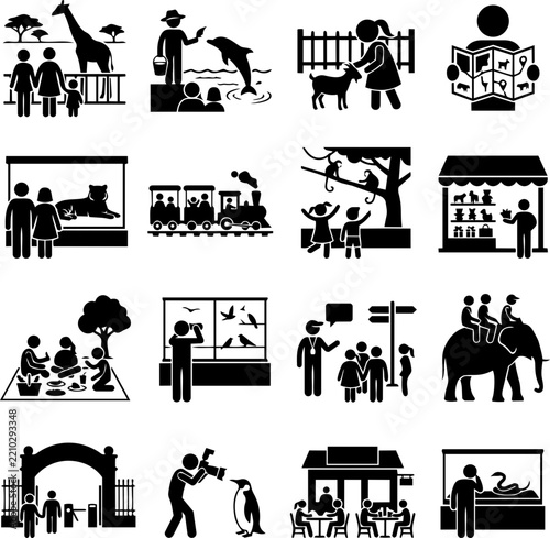Set of black and white zoo icons showing visitors watching animals and various activities at a wildlife park attraction