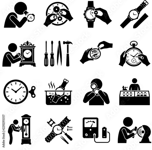 Set of black icons showing professional watch repair and clock service tasks with tools and skilled technicians working