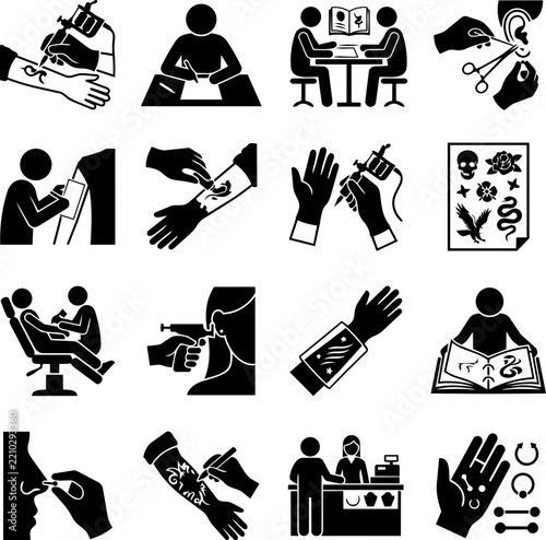 Set of black tattoo studio icons showing artists working with equipment and people getting body art designs in a shop