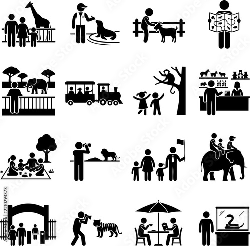 Set of black zoo and wildlife park icons showing families watching animals and tourists visiting various park attractions