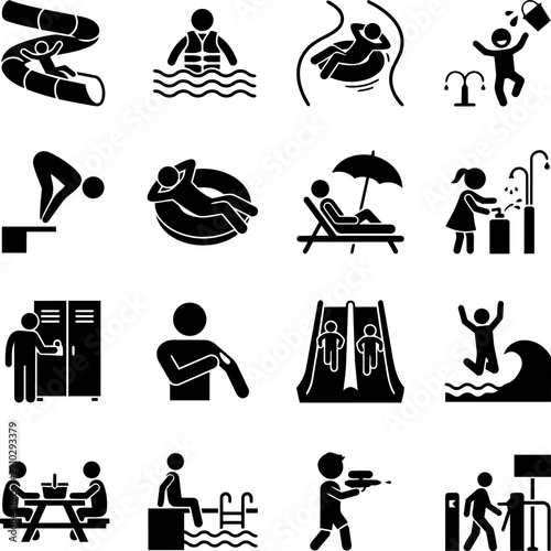 Set of black and white water park icons showing people swimming sliding and having fun on summer vacation and holidays