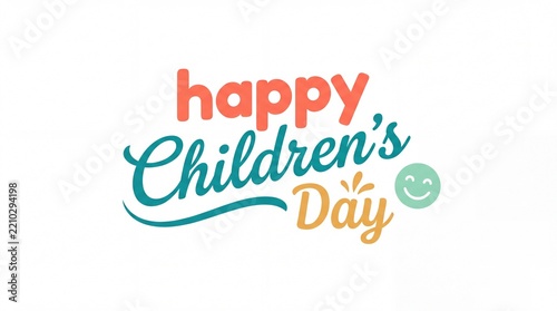 Colorful happy childrens day text greeting with celebratory confetti elements youth day kids event typography design