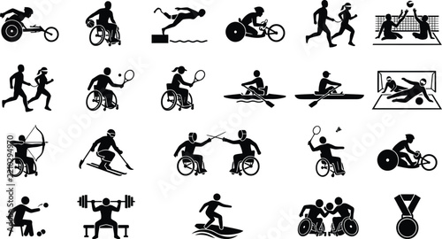 Paralympic sports silhouettes set, black vector icons of disabled athletes in various competitive activities on white background