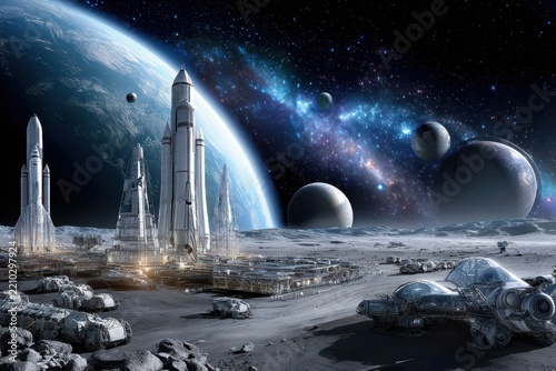 Futuristic lunar base with spacecraft under a starry sky in a distant galaxy