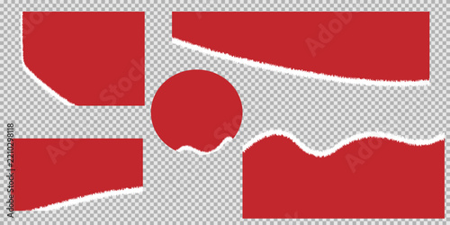 Red torn paper edges and ripped paper shapes set, 5 vector paper scraps with white deckle edges, textured paper fragments for collage