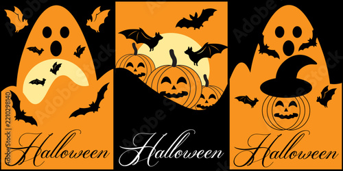 Halloween banner set with spooky ghosts and pumpkins, festive holiday vertical cards with bats, orange and black vector illustrations for invitations