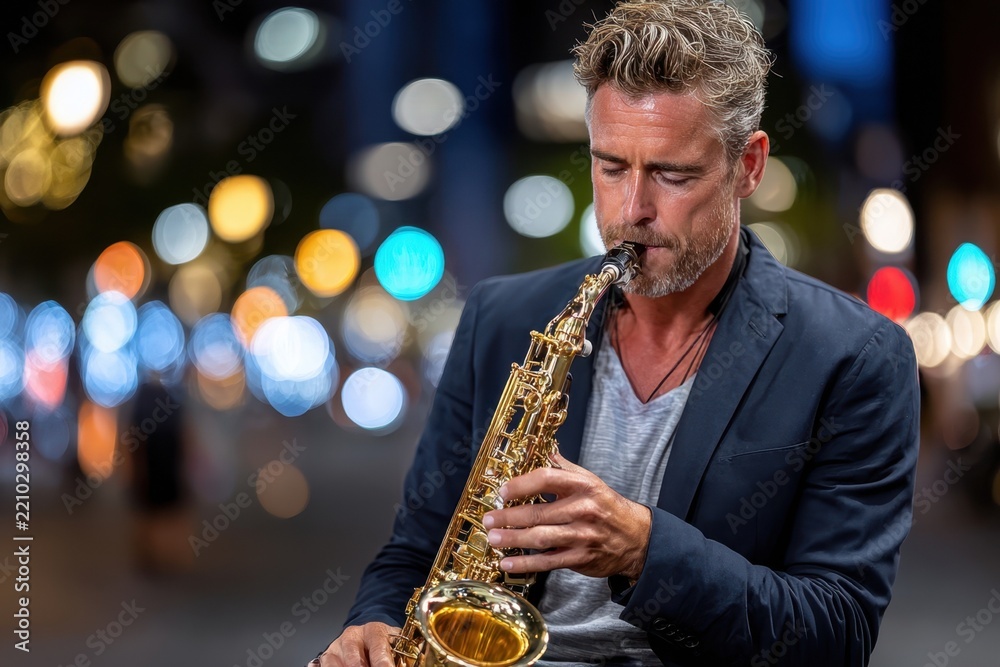 Fototapeta premium Saxophonist performs jazz music outdoors at night on a city street with vibrant lights