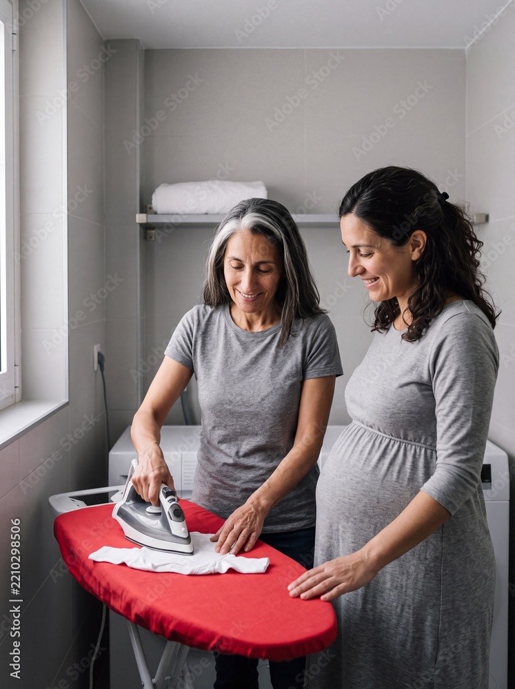Obraz premium Grandmother ironing a baby shirt beside her pregnant daughter