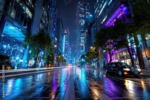 Neon Lit City Street at Night After Rain