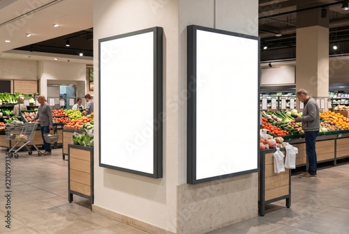 Two blank vertical advertising lightboxes mounted on a pillar in a supermarket produce department with shoppers and fresh vegetables in background.