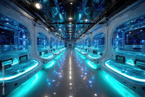 Futuristic Row of Cryogenic Sleep Pods Interior