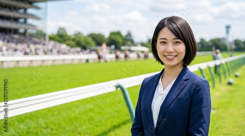 Obraz na płótnie 緑豊かな競馬場のターフを背景に穏やかな笑顔を見せる、知的で爽やかな20代日本人社員のプロフィールポートレート