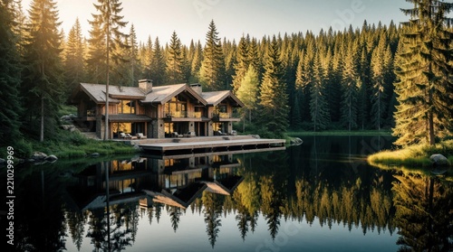 Modern luxury villa sits beside calm lake in pine forest. Large wooden house features glass walls, terrace over water. Beautiful reflection of architecture on lake surface at sunset. Peaceful